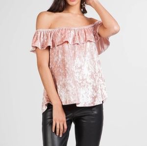 No Comment Plus NY.LA Pink Crushed velvet off the shoulder top with lace trim